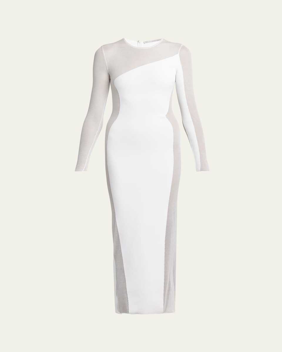 Compact Knit Sheer-Sides Long-Sleeve Ankle Dress